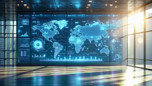 The image depicts a Seamless Internet Connectivity A large screen displays data analytics and connectivity graphs symbolizing seamless internet performance Sunlight streams through expansive windows illuminating the room and reflecting off glass part-3